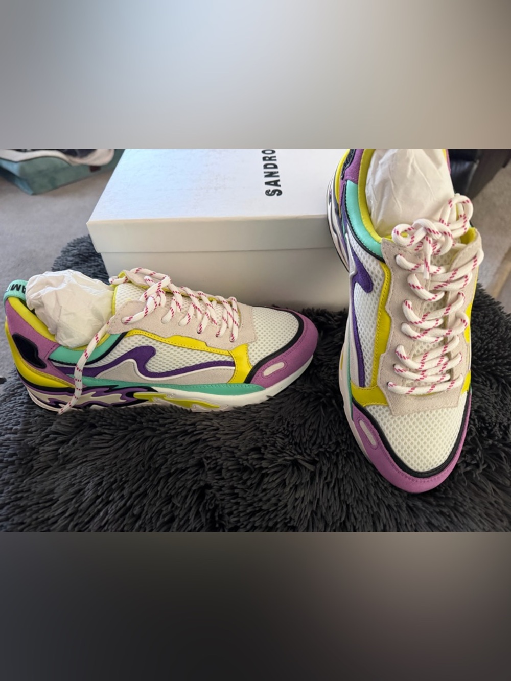 BNIB  Sandro Women's White Sneakers Yellow, Purple & Teal Accents size 39 (8.5)